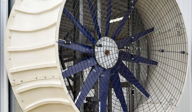 Beast Fan close-up showing blue blades and fiberglass shroud