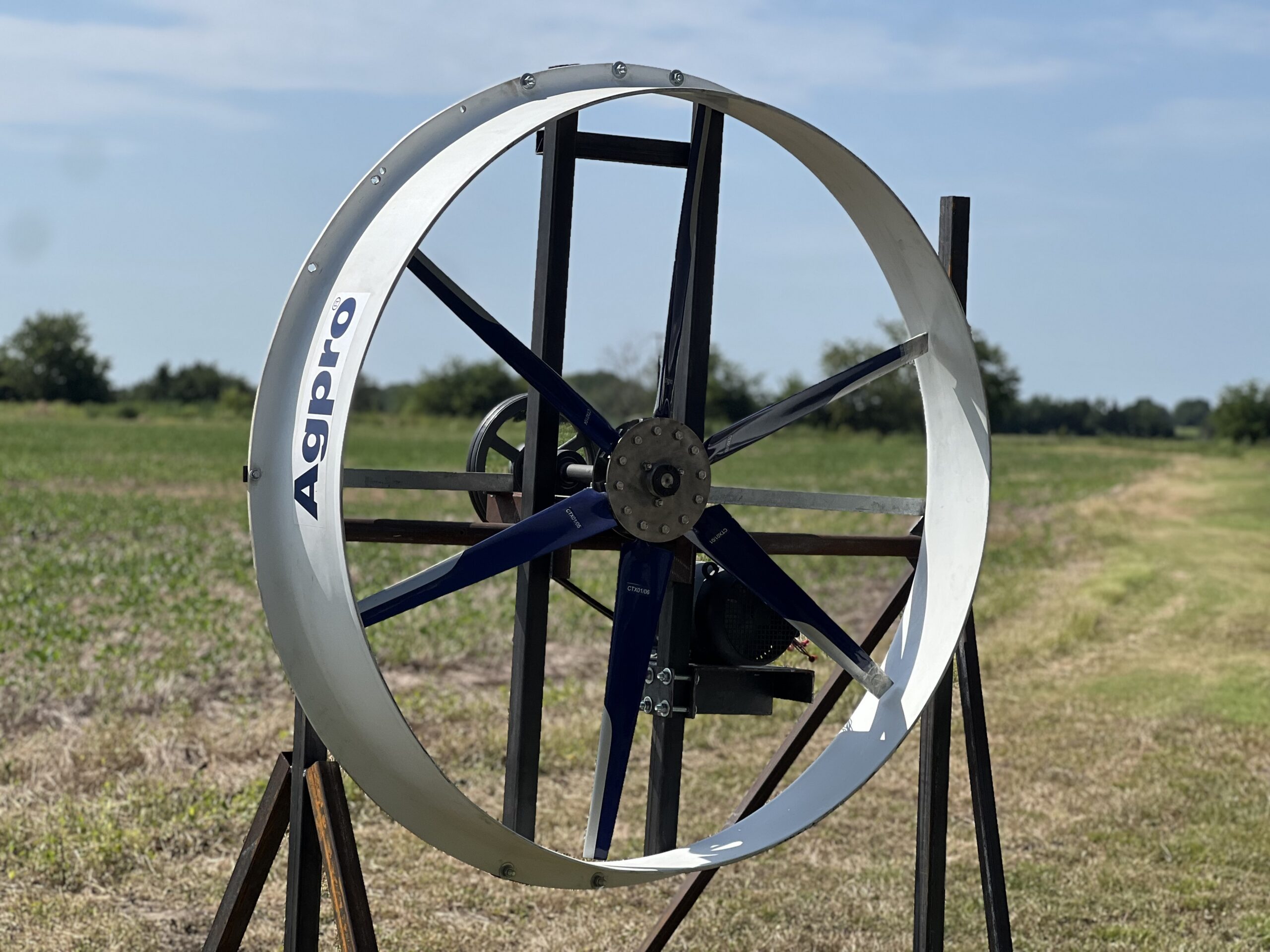 Agpro circulation fan outdoors, showing blade and ring design